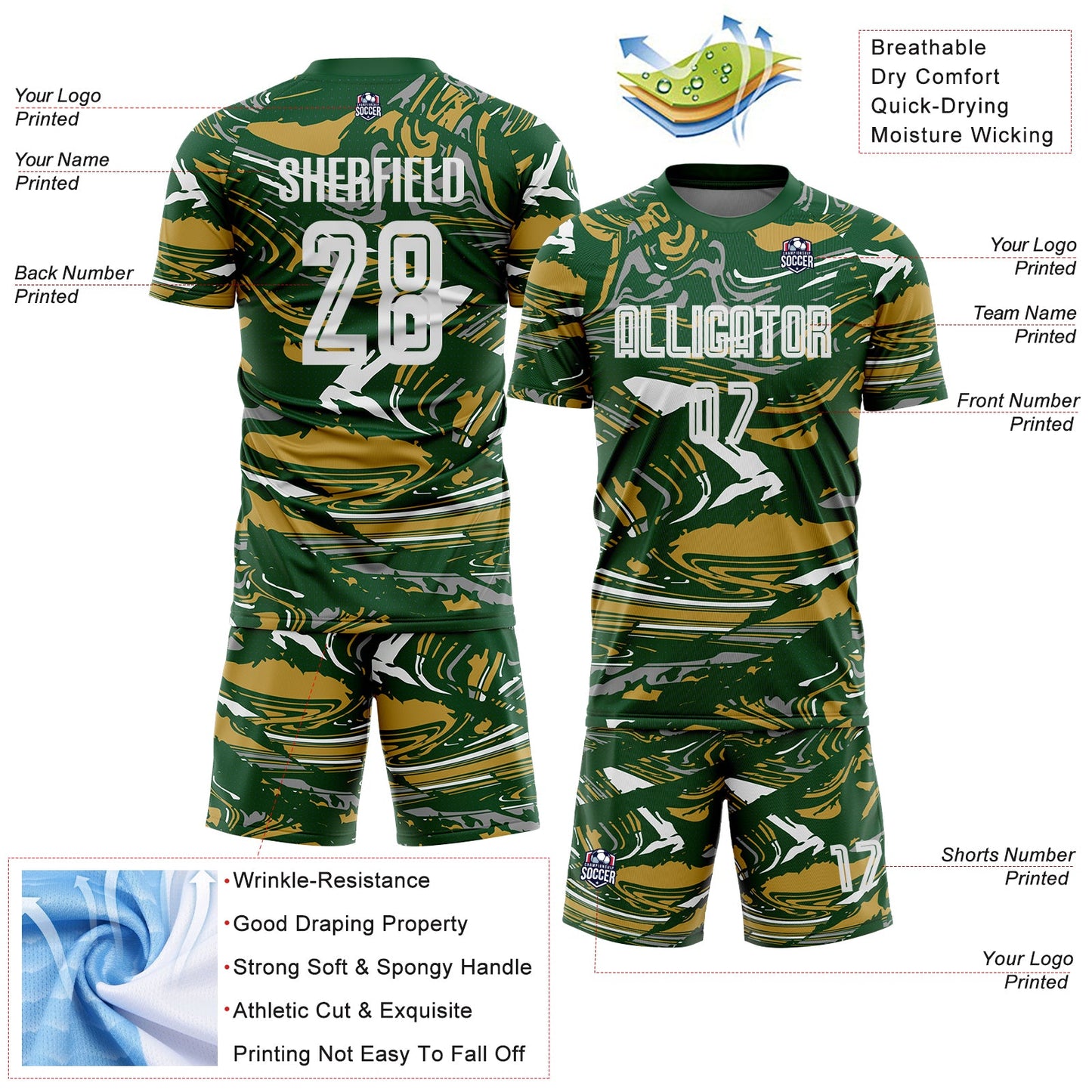 Custom Figure White Green-Old Gold Fluid Art Splash Sublimation Soccer Uniform Jersey