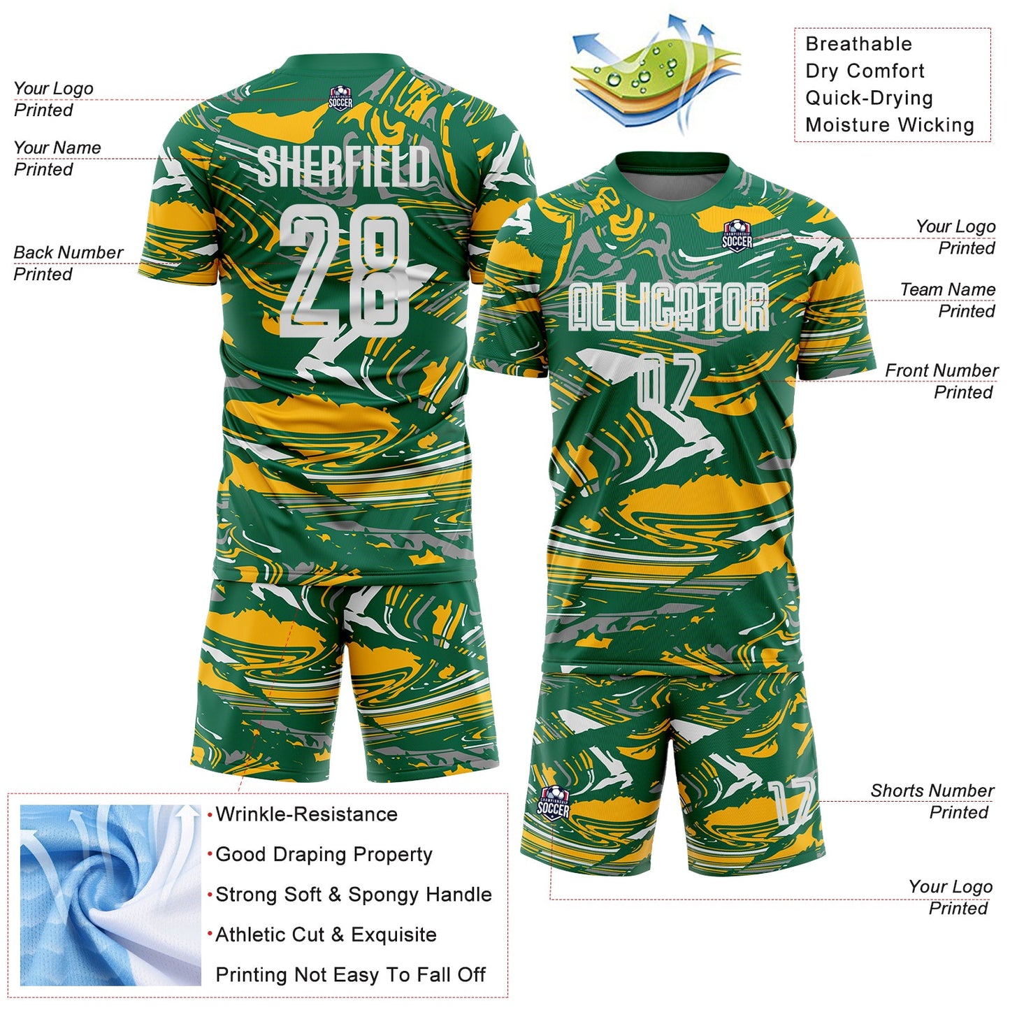 Custom Figure White Kelly Green-Gold Fluid Art Splash Sublimation Soccer Uniform Jersey