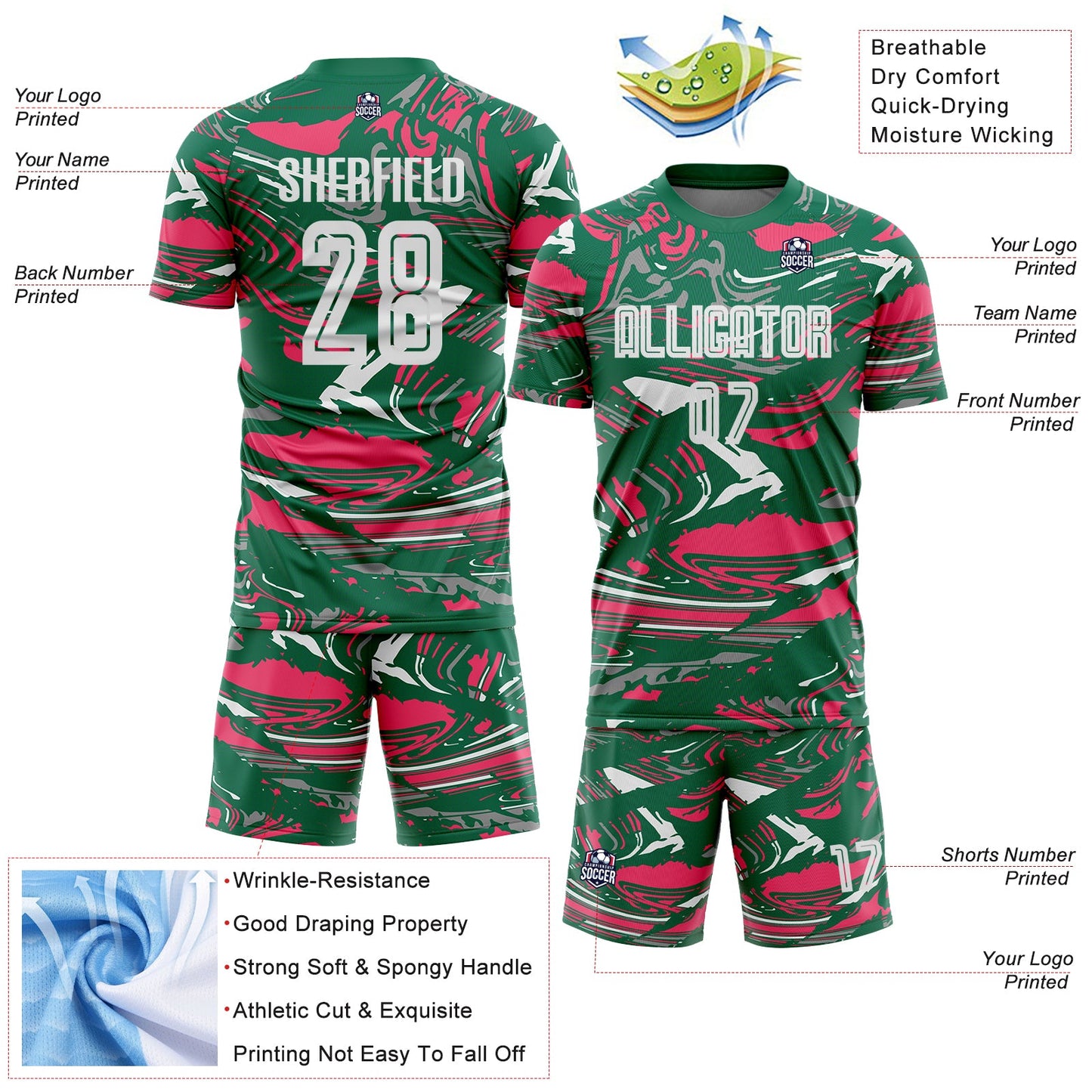 Custom Figure White Kelly Green-Neon Pink Fluid Art Splash Sublimation Soccer Uniform Jersey