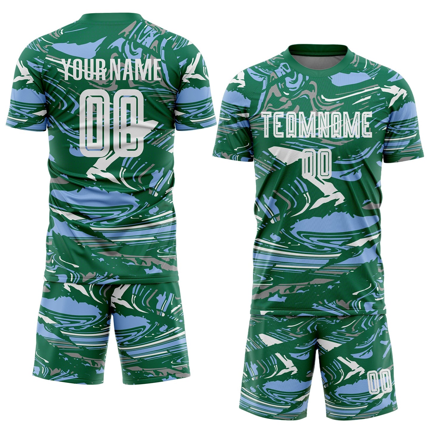 Custom Figure White Kelly Green-Light Blue Fluid Art Splash Sublimation Soccer Uniform Jersey