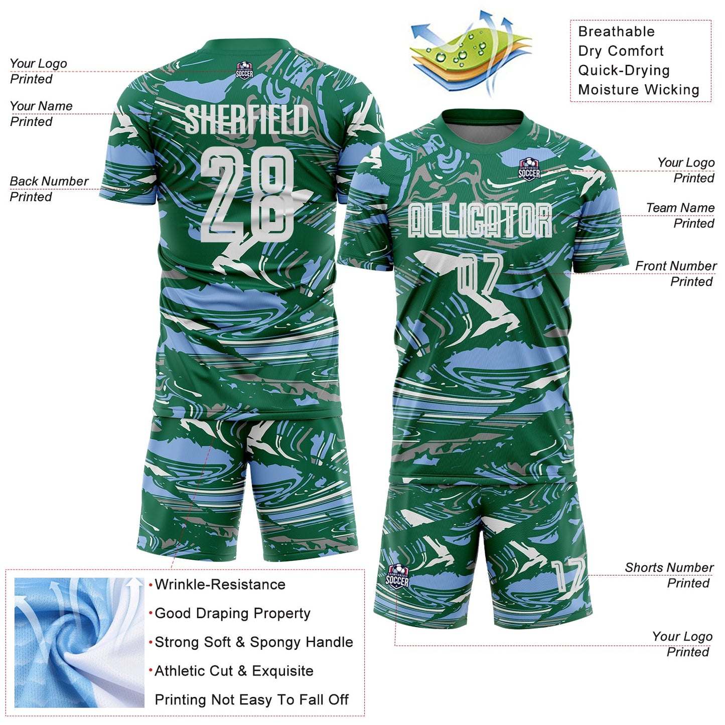 Custom Figure White Kelly Green-Light Blue Fluid Art Splash Sublimation Soccer Uniform Jersey