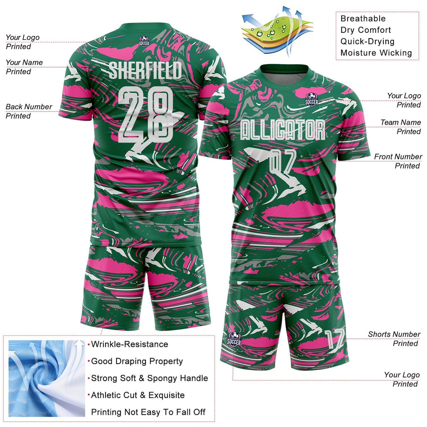 Custom Figure White Kelly Green-Pink Fluid Art Splash Sublimation Soccer Uniform Jersey