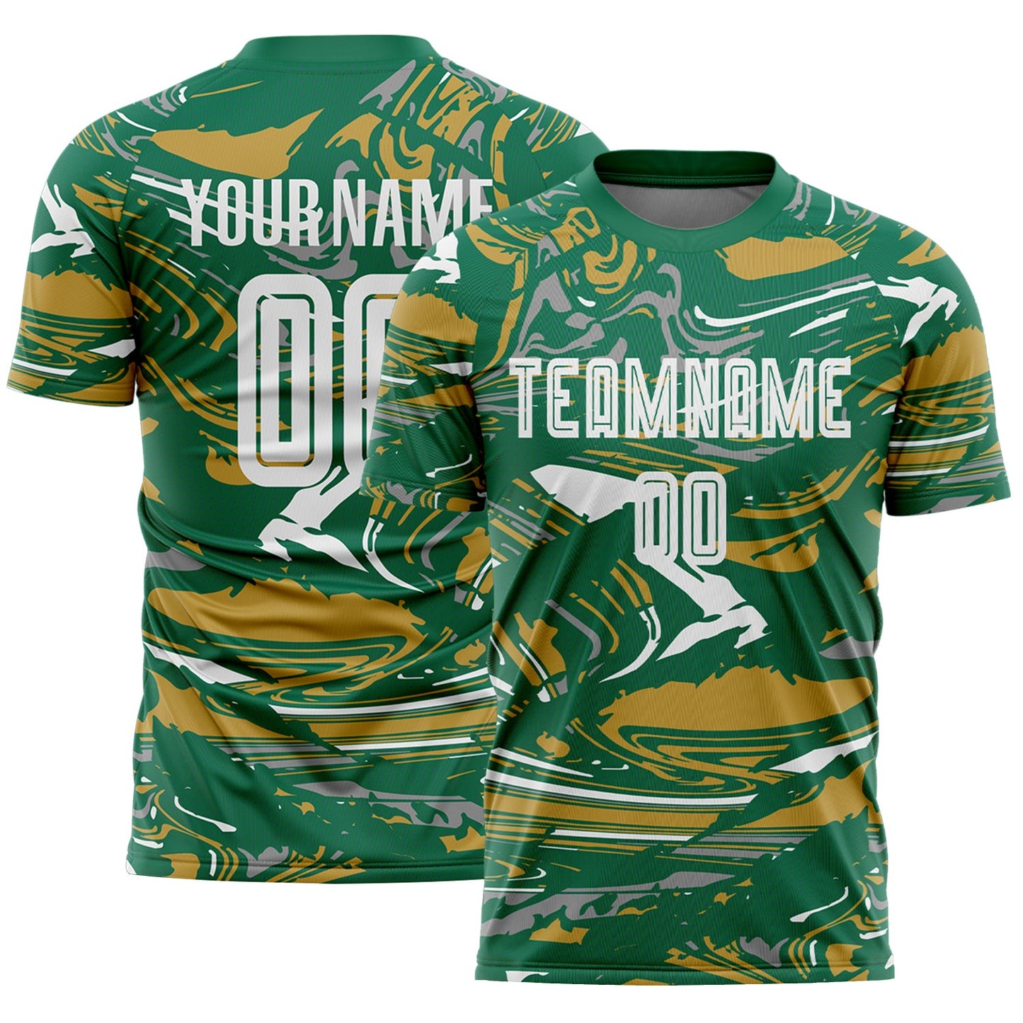Custom Figure White Kelly Green-Old Gold Fluid Art Splash Sublimation Soccer Uniform Jersey