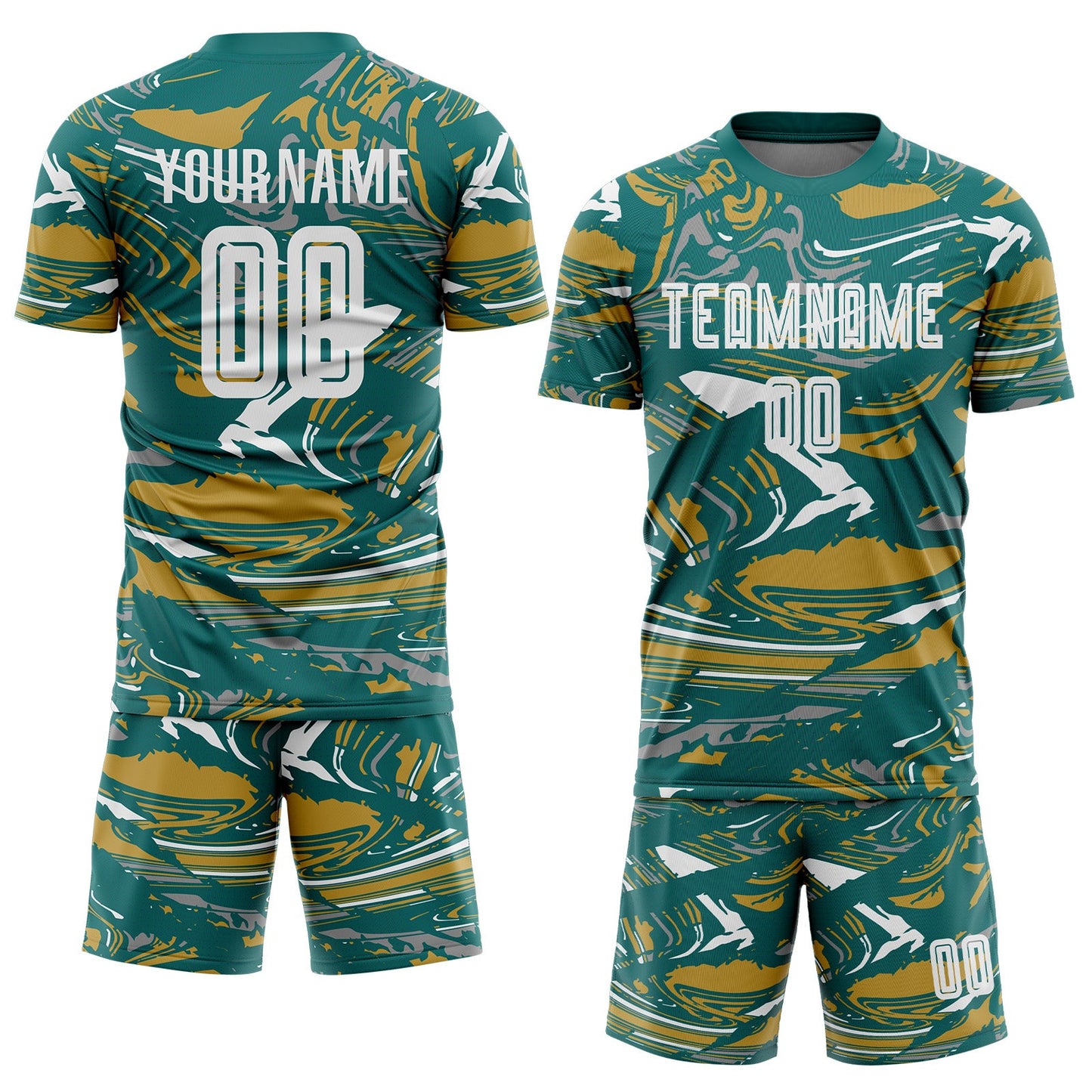 Custom Figure White Teal-Old Gold Fluid Art Splash Sublimation Soccer Uniform Jersey