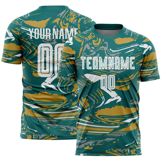 Custom Figure White Teal-Old Gold Fluid Art Splash Sublimation Soccer Uniform Jersey