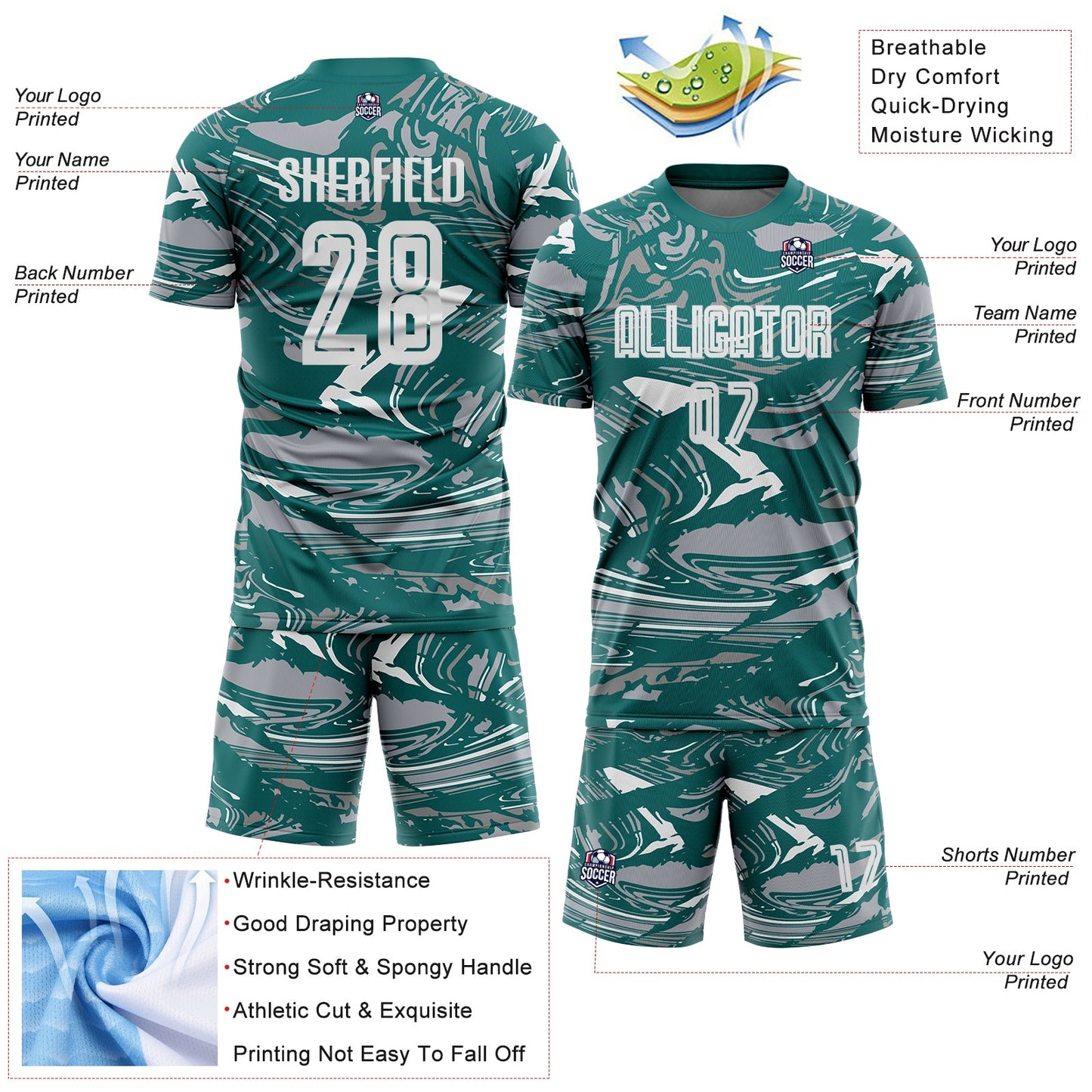 Custom Figure White Teal-Gray Fluid Art Splash Sublimation Soccer Uniform Jersey