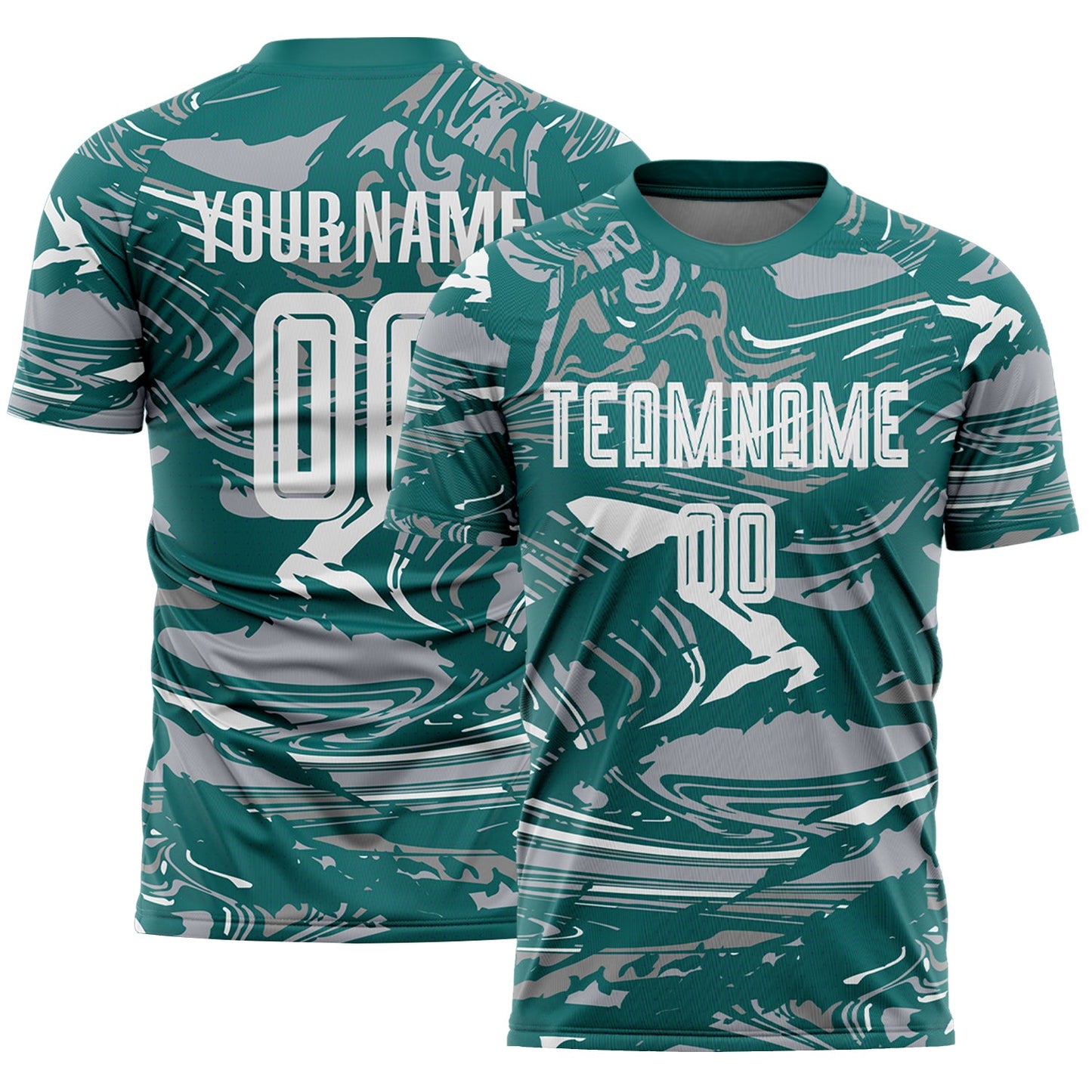 Custom Figure White Teal-Gray Fluid Art Splash Sublimation Soccer Uniform Jersey