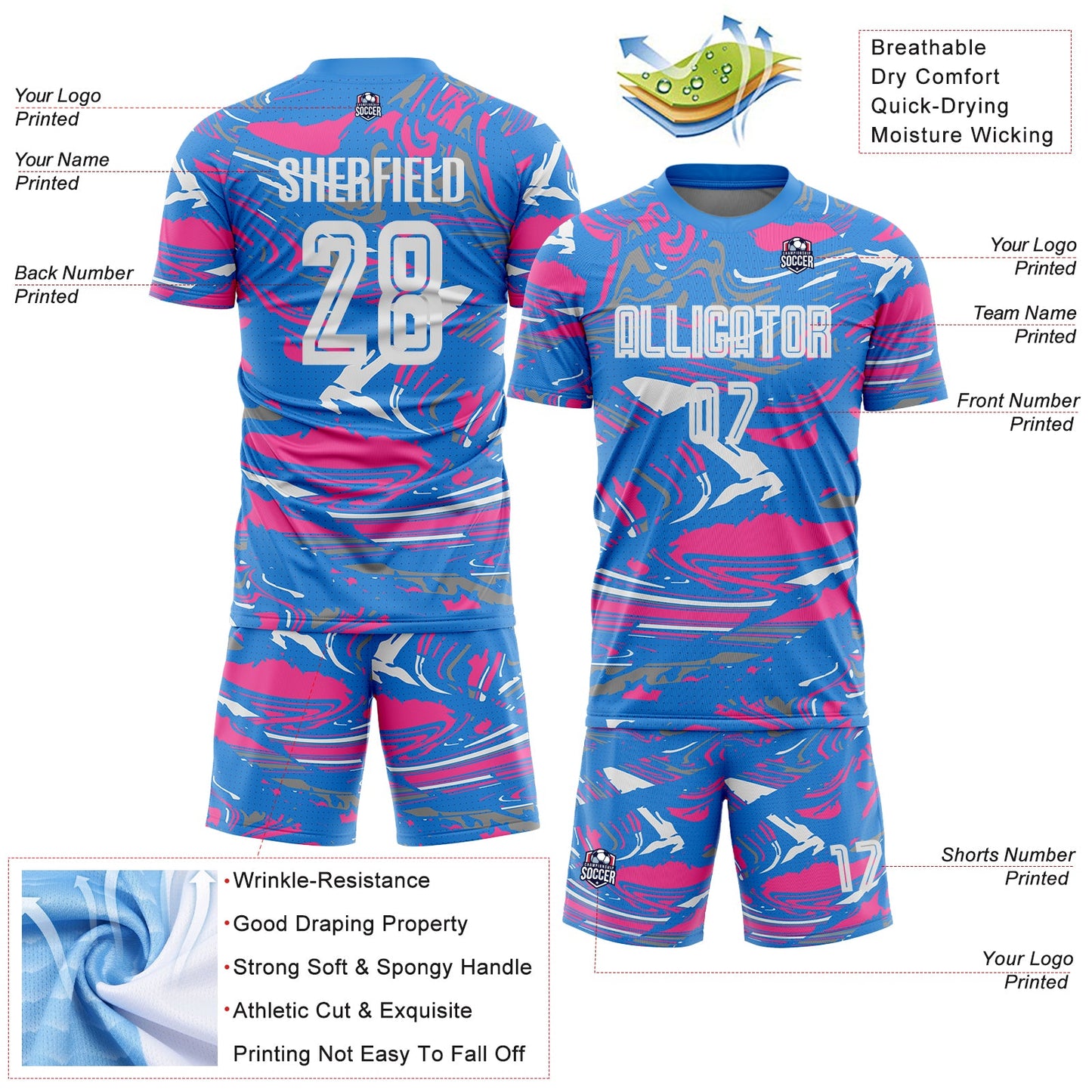 Custom Figure White Powder Blue-Pink Fluid Art Splash Sublimation Soccer Uniform Jersey