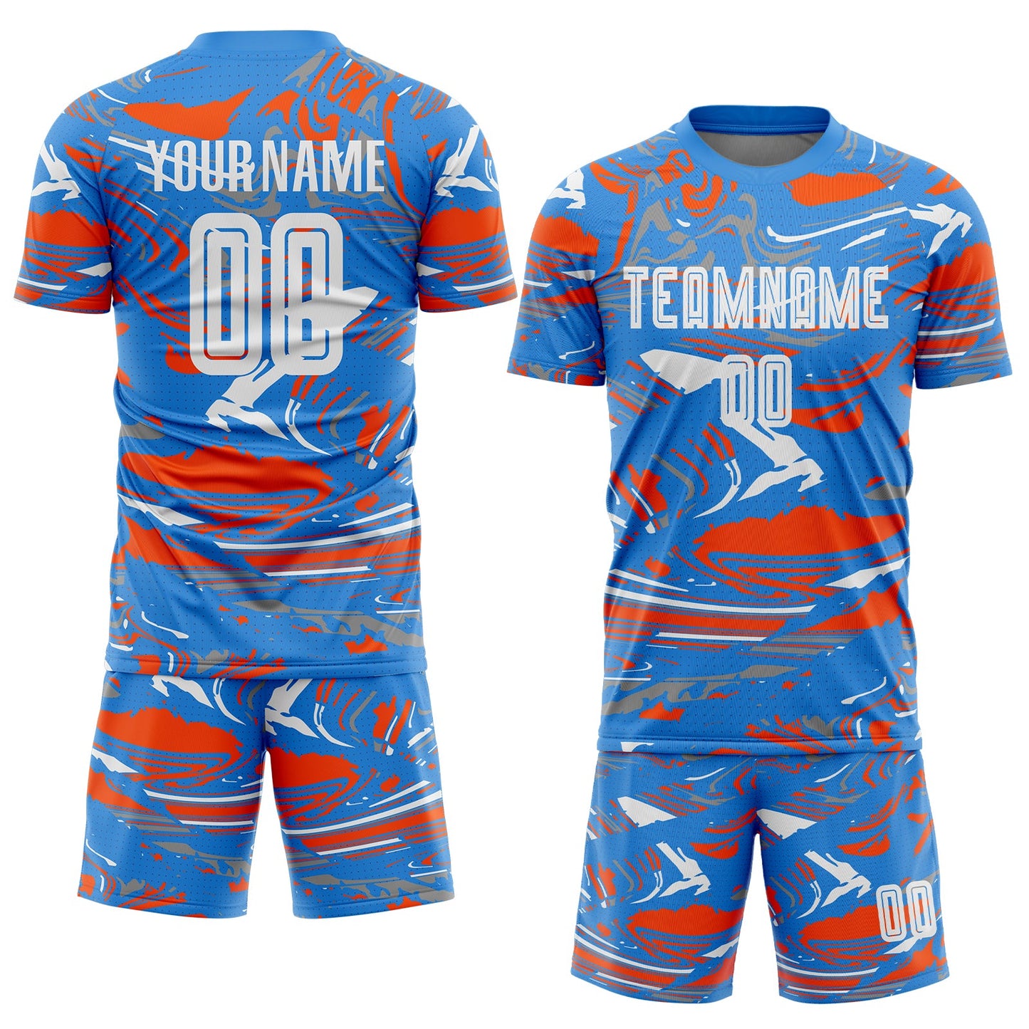 Custom Figure White Powder Blue-Orange Fluid Art Splash Sublimation Soccer Uniform Jersey