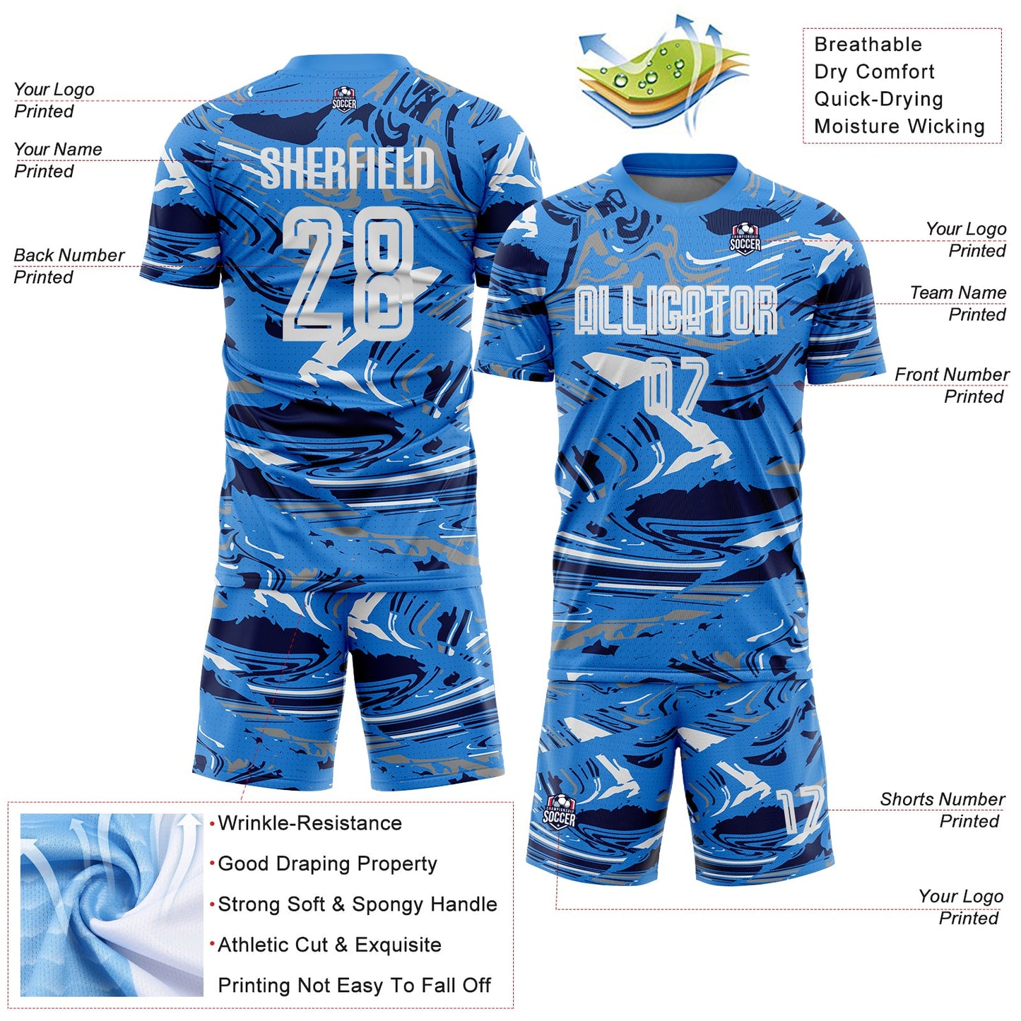 Custom Figure White Powder Blue-Navy Fluid Art Splash Sublimation Soccer Uniform Jersey