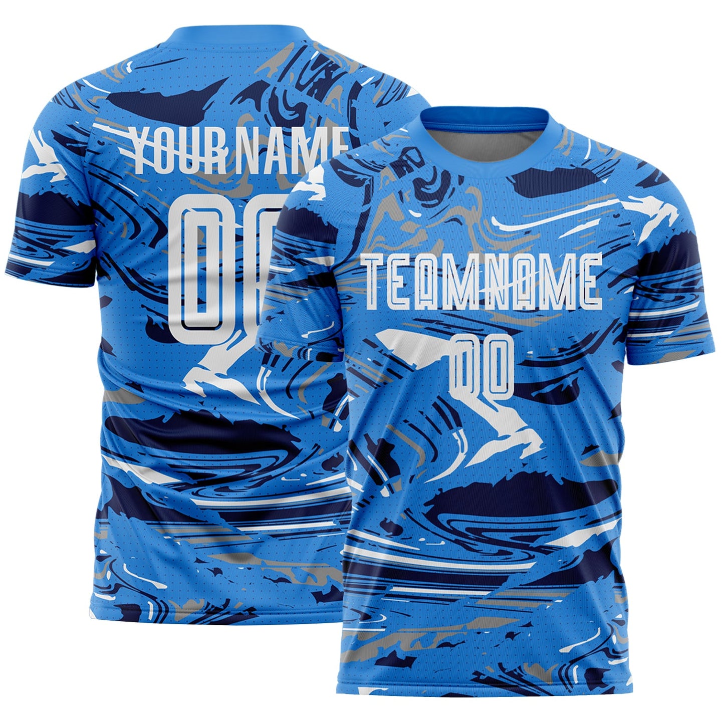 Custom Figure White Powder Blue-Navy Fluid Art Splash Sublimation Soccer Uniform Jersey