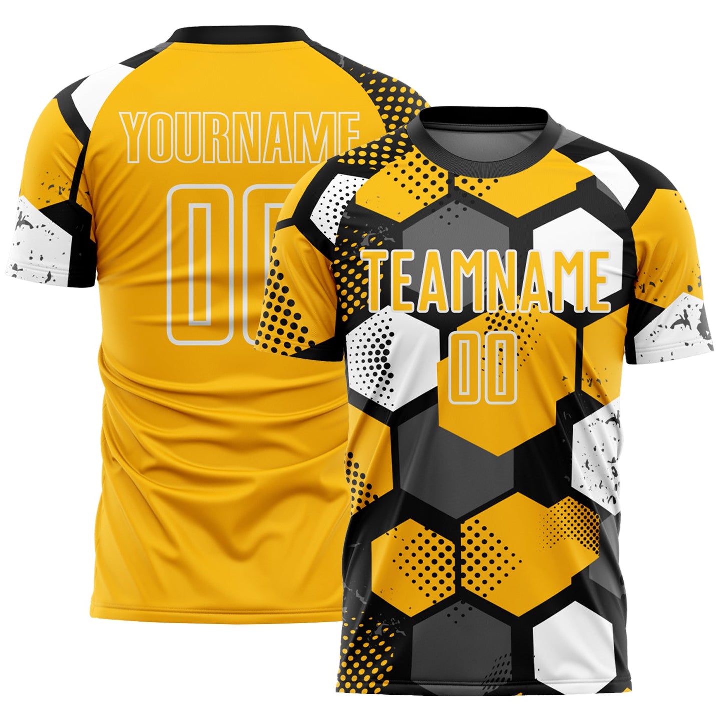 Custom Black Gold-White Geometric Shape Sublimation Soccer Uniform Jersey