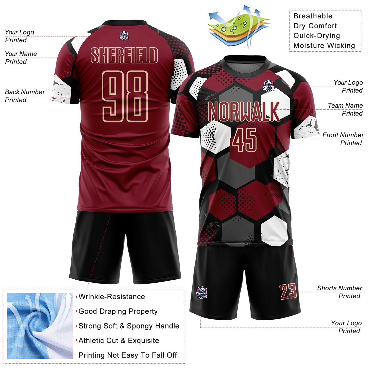 Custom Black Crimson White-Cream Geometric Shape Sublimation Soccer Uniform Jersey