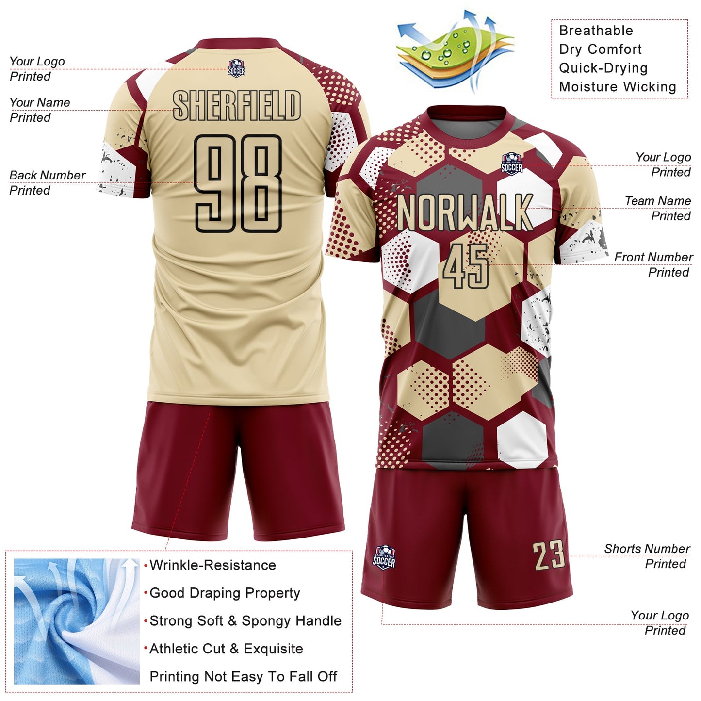Custom Crimson Cream White-Black Geometric Shape Sublimation Soccer Uniform Jersey