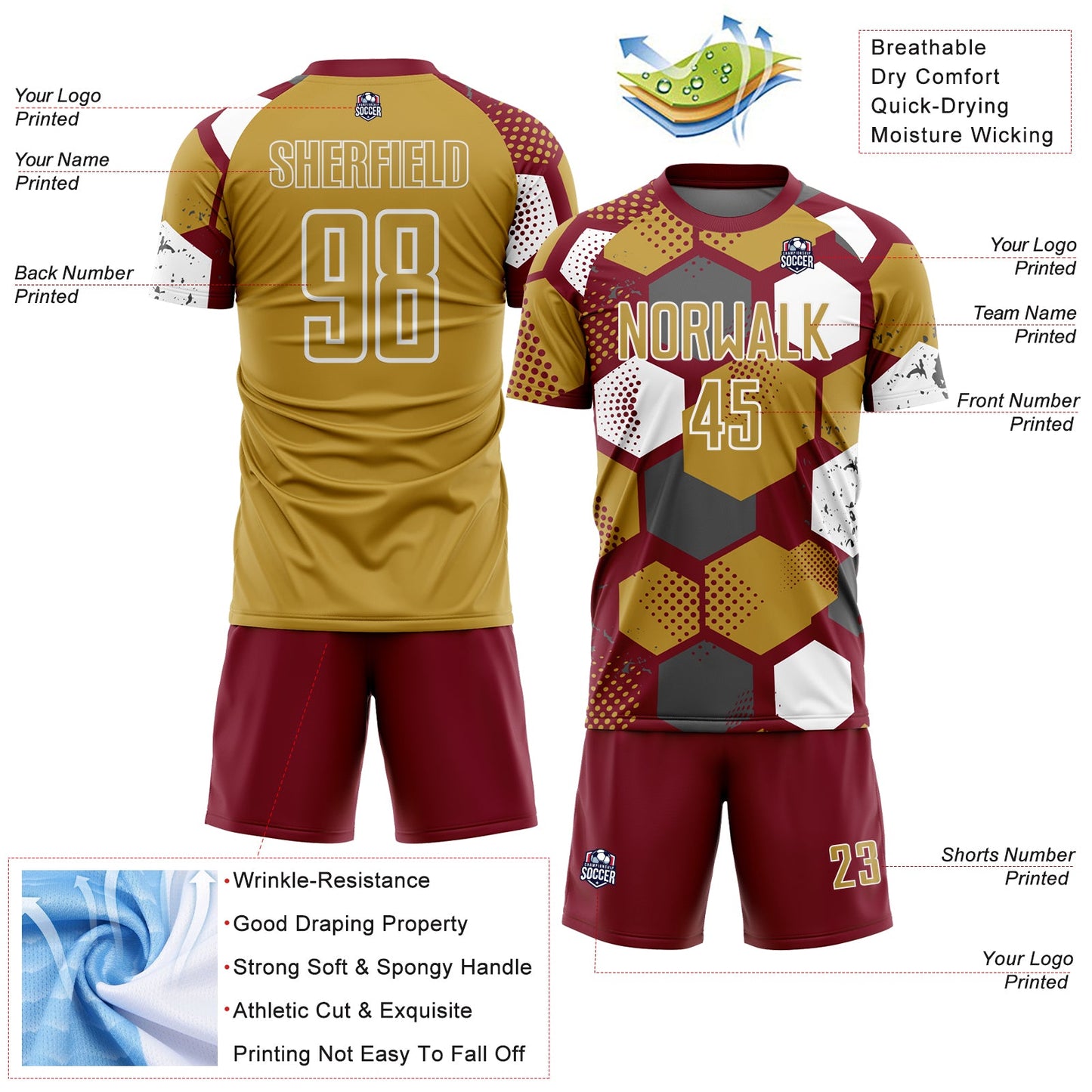 Custom Crimson Old Gold-White Geometric Shape Sublimation Soccer Uniform Jersey