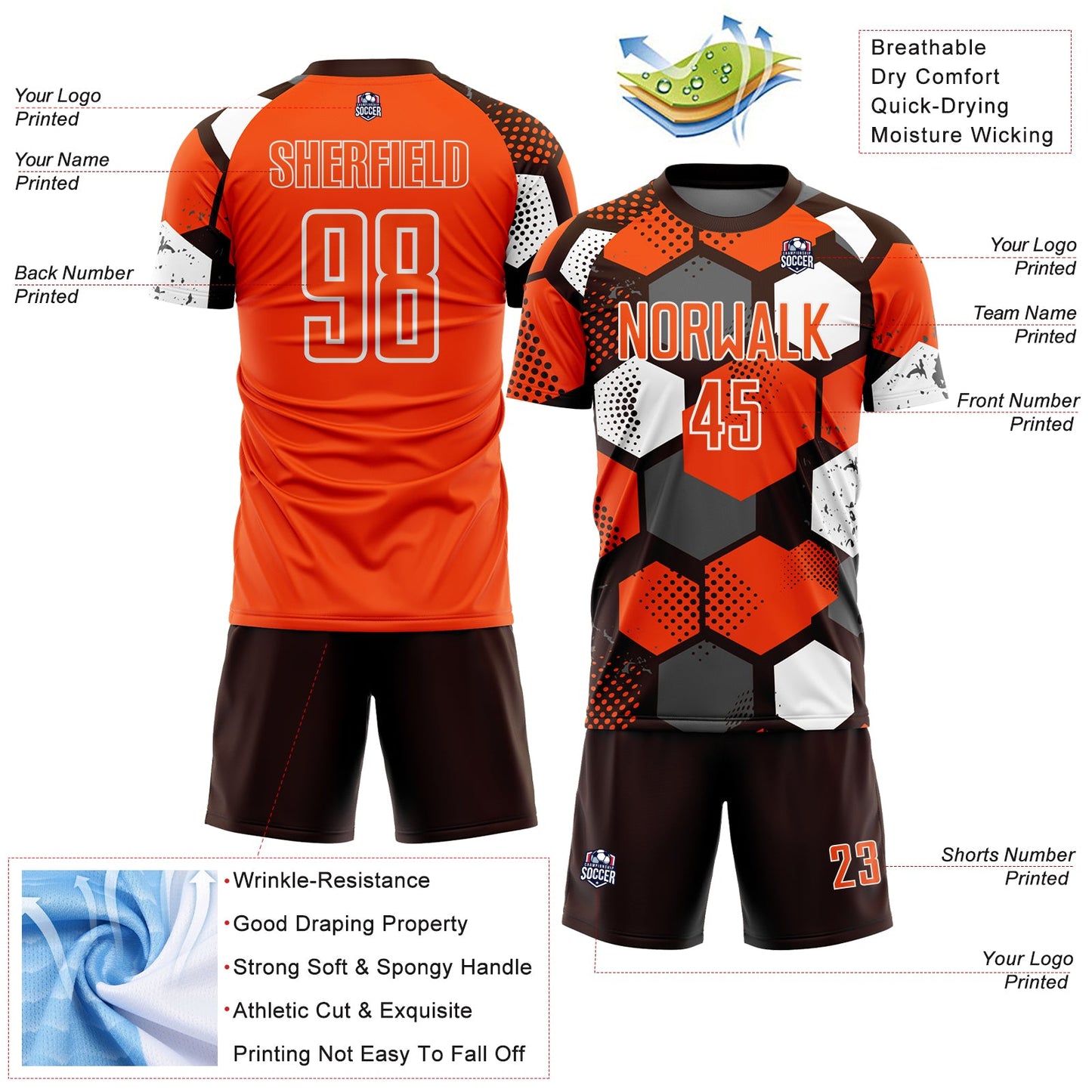 Custom Brown Orange-White Geometric Shape Sublimation Soccer Uniform Jersey
