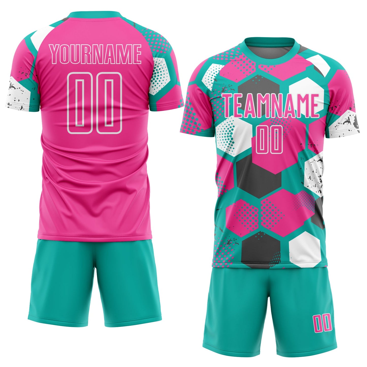 Custom Aqua Pink-White Geometric Shape Sublimation Soccer Uniform Jersey