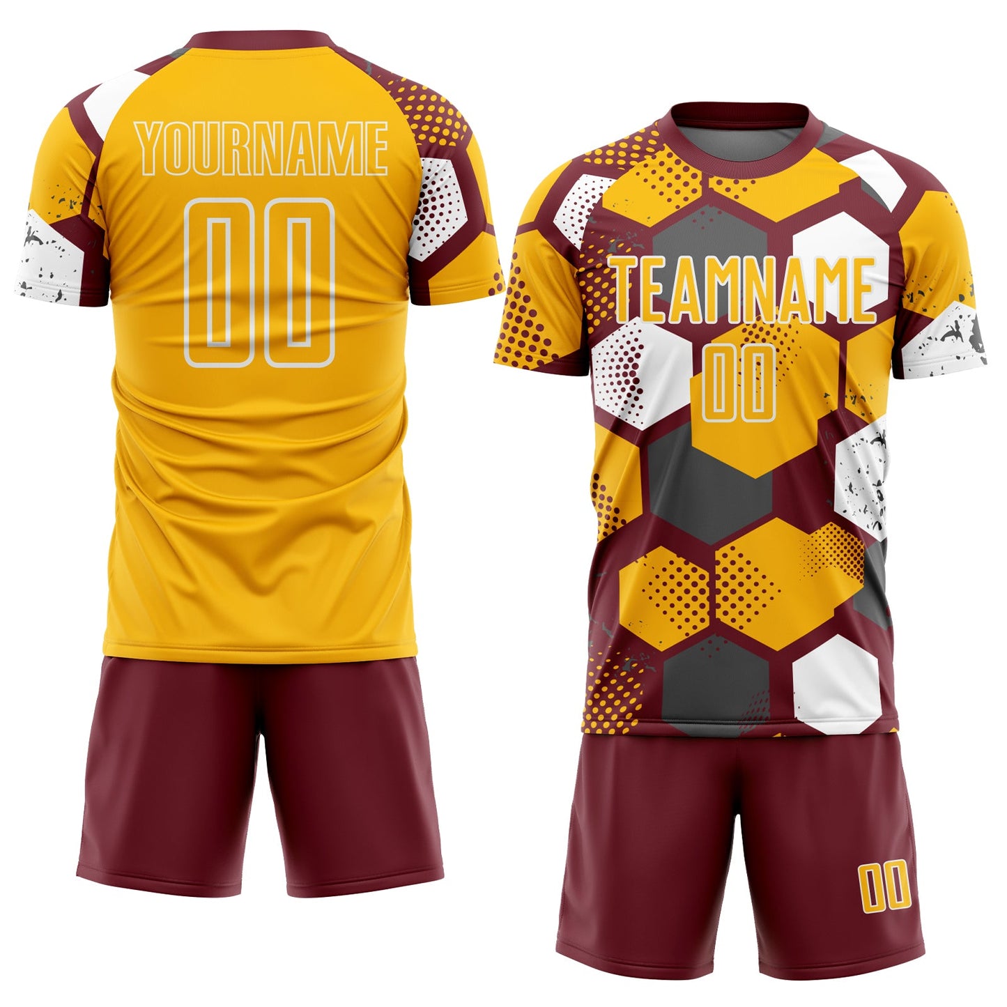 Custom Burgundy Gold-White Geometric Shape Sublimation Soccer Uniform Jersey