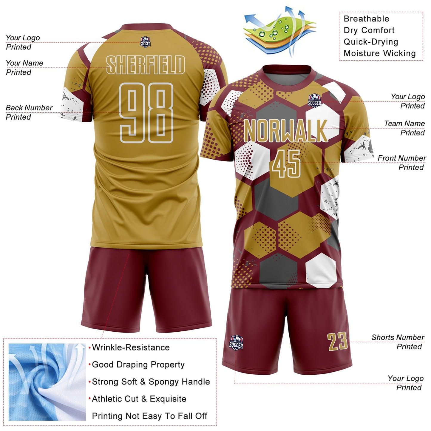 Custom Burgundy Old Gold-White Geometric Shape Sublimation Soccer Uniform Jersey