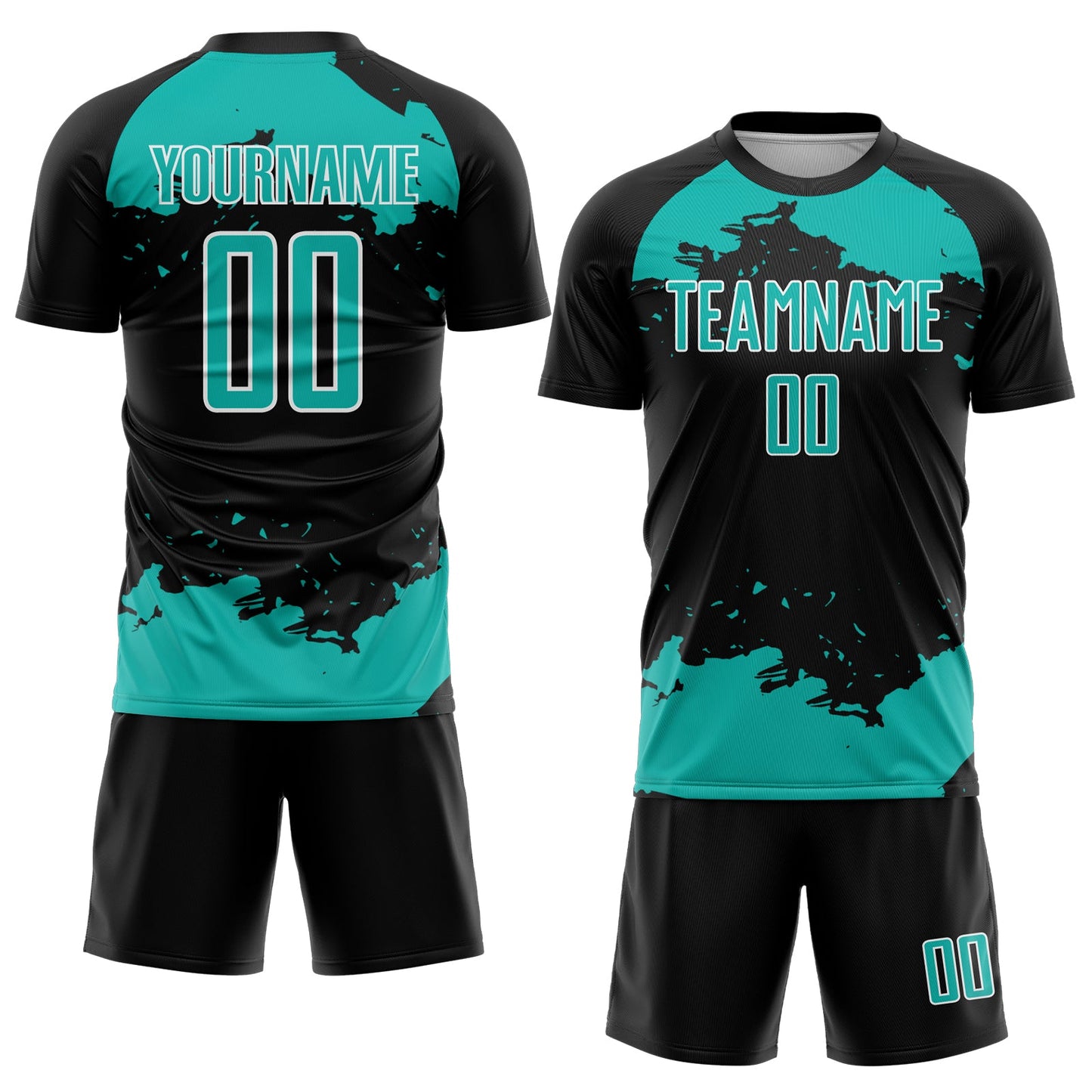 Custom Black Aqua-White Abstract Fragment Art Sublimation Soccer Uniform Jersey