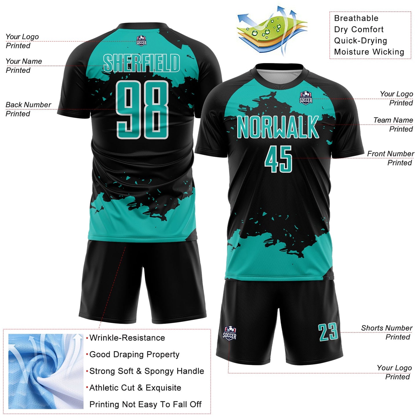 Custom Black Aqua-White Abstract Fragment Art Sublimation Soccer Uniform Jersey