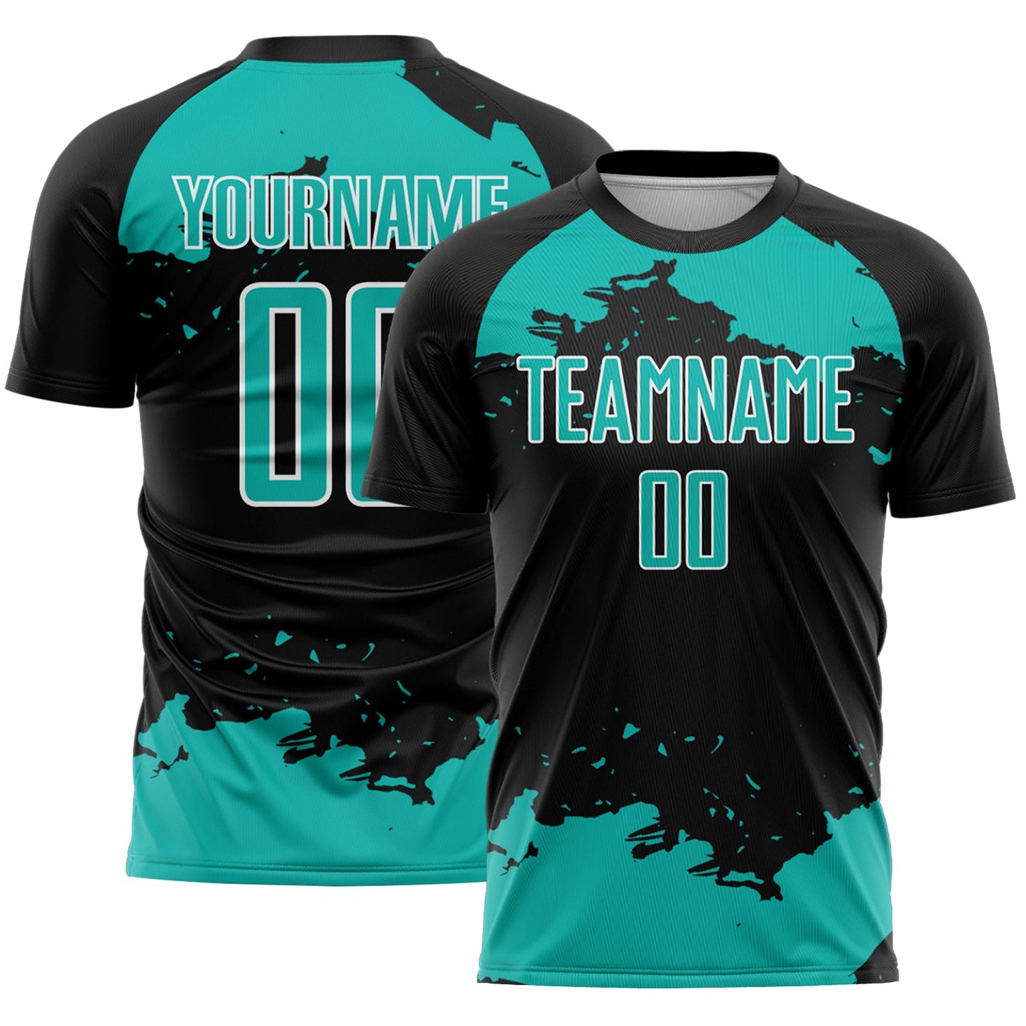 Custom Black Aqua-White Abstract Fragment Art Sublimation Soccer Uniform Jersey