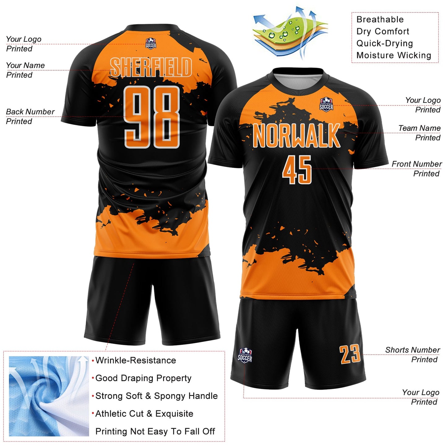 Custom Black Bay Orange-White Abstract Fragment Art Sublimation Soccer Uniform Jersey