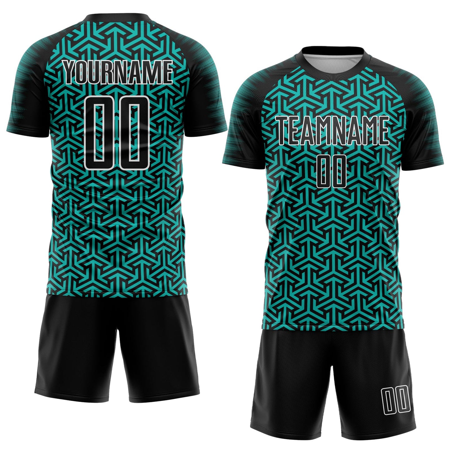 Custom Black Aqua-White Geometric Arrow Sublimation Soccer Uniform Jersey