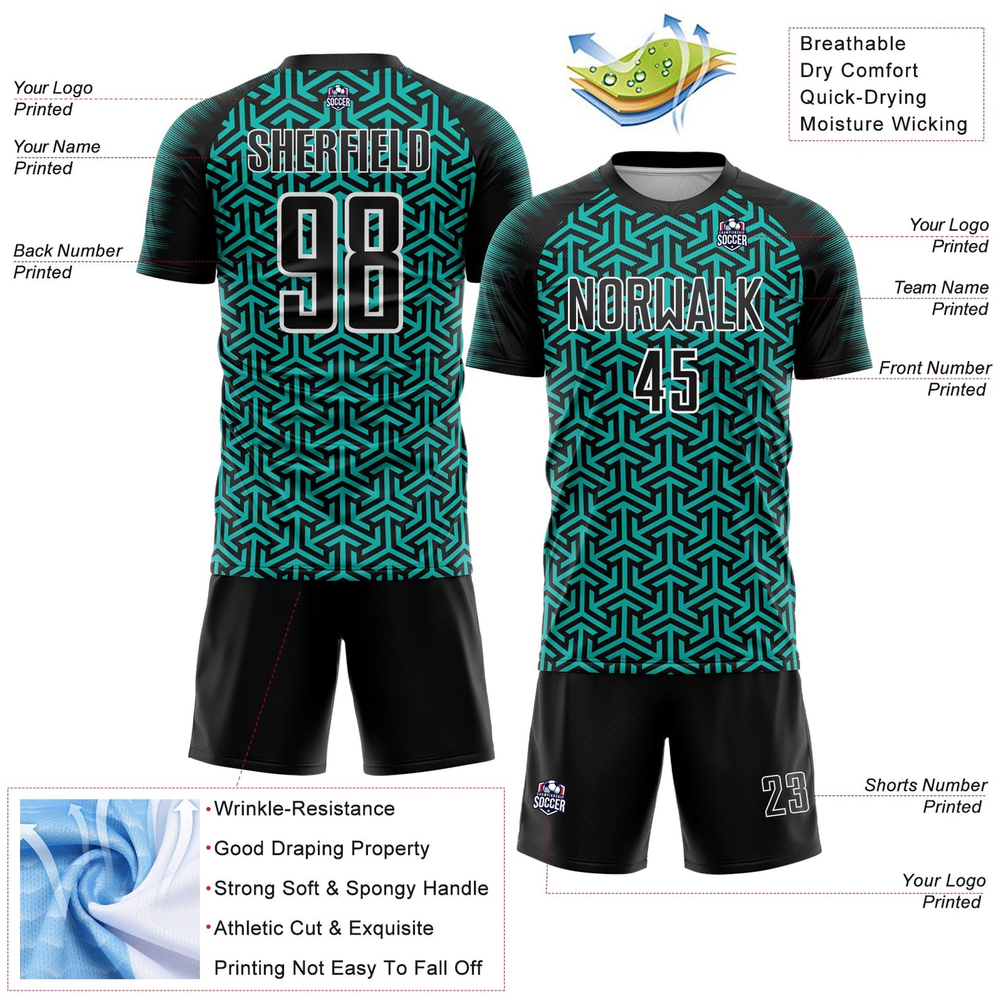 Custom Black Aqua-White Geometric Arrow Sublimation Soccer Uniform Jersey