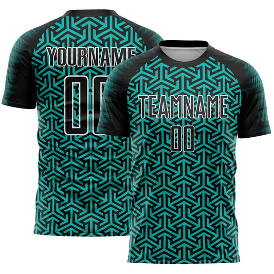 Custom Black Aqua-White Geometric Arrow Sublimation Soccer Uniform Jersey