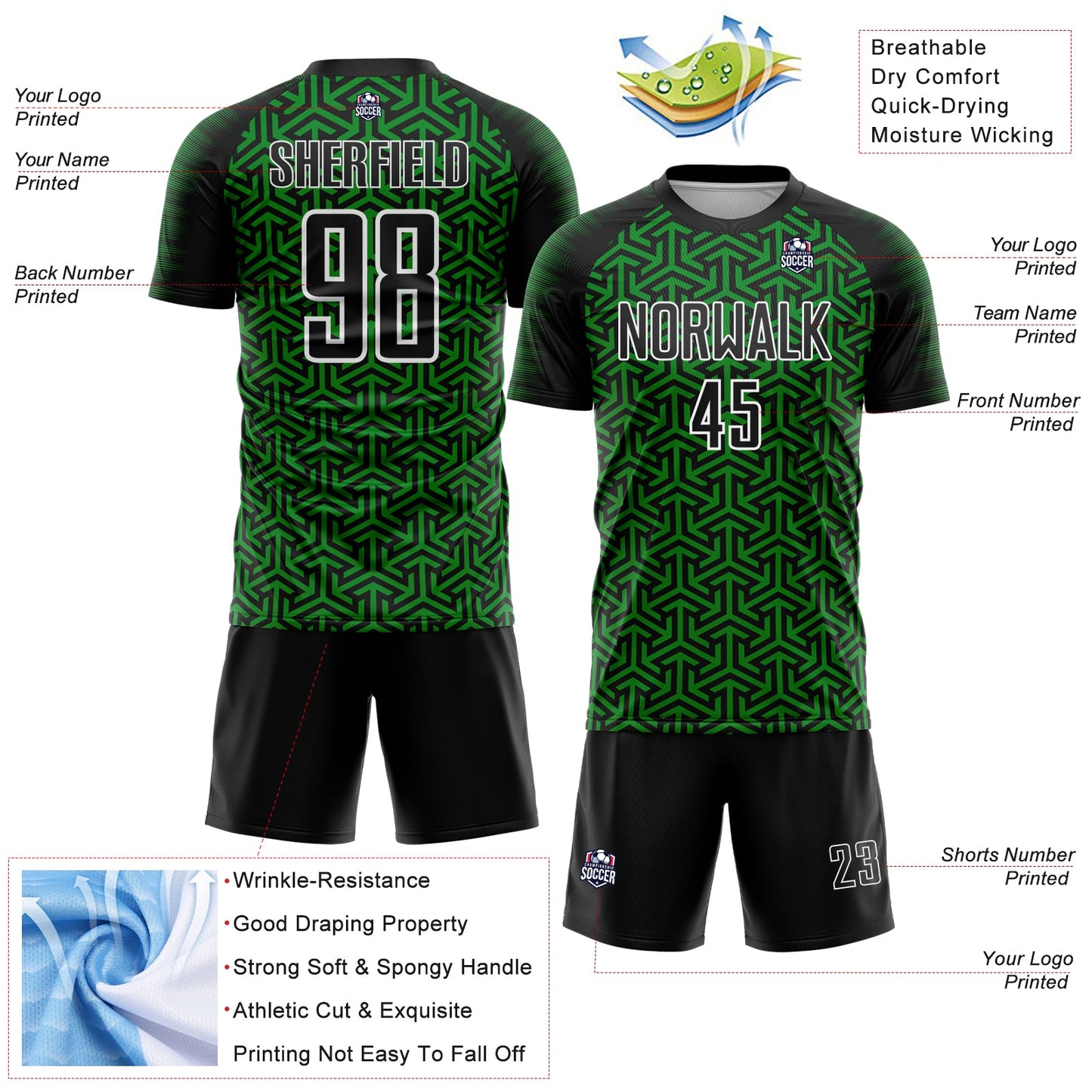 Custom Black Grass Green-White Geometric Arrow Sublimation Soccer Uniform Jersey