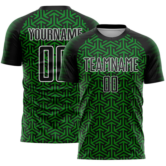 Custom Black Grass Green-White Geometric Arrow Sublimation Soccer Uniform Jersey