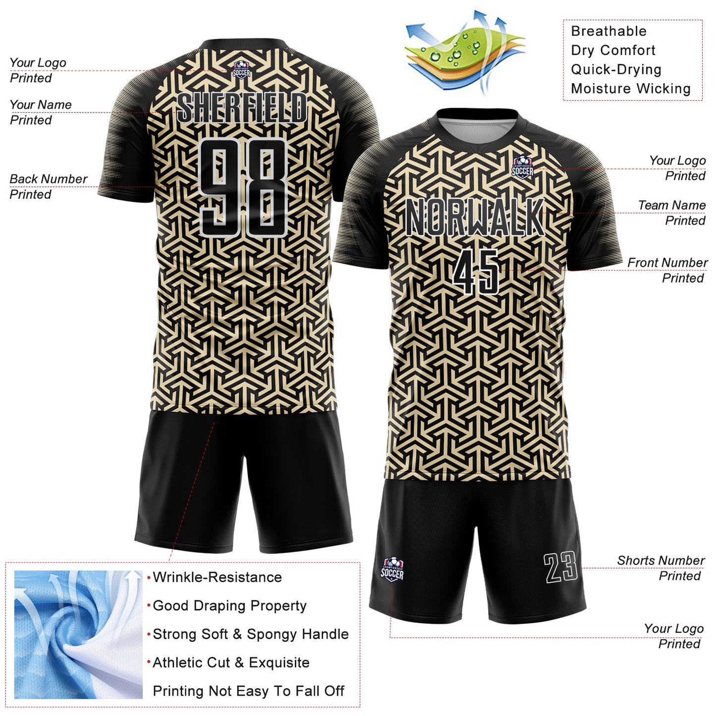 Custom Black Cream-White Geometric Arrow Sublimation Soccer Uniform Jersey