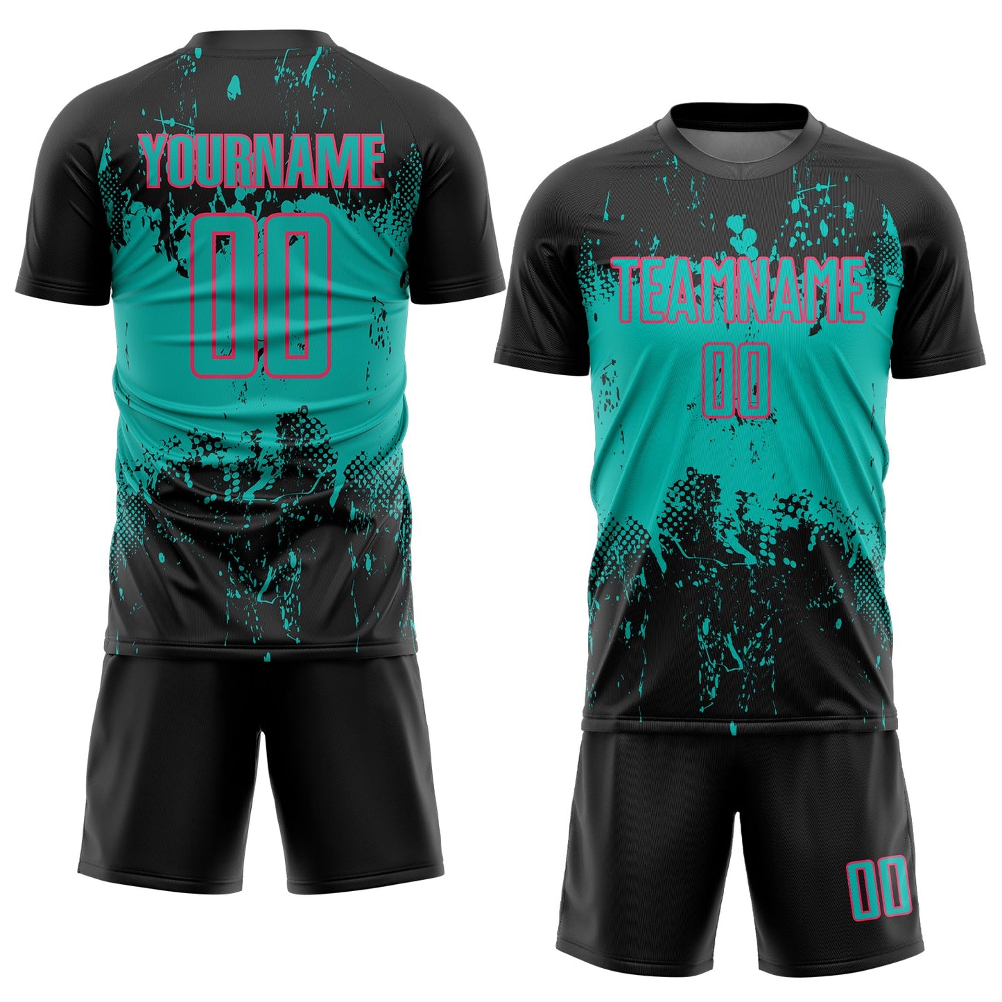 Custom Black Aqua-Neon Pink Abstract Splatter Grunge Art Sports Sublimation Soccer Uniform Jersey