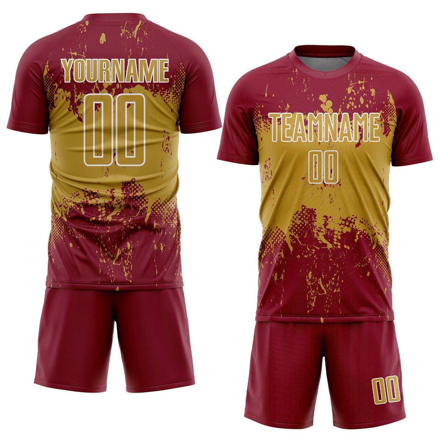 Custom Crimson Old Gold-White Abstract Splatter Grunge Art Sports Sublimation Soccer Uniform Jersey