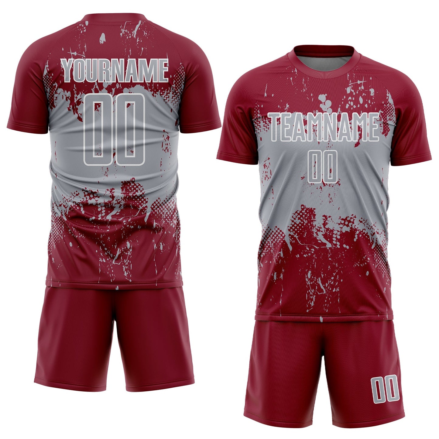 Custom Crimson Gray-White Abstract Splatter Grunge Art Sports Sublimation Soccer Uniform Jersey