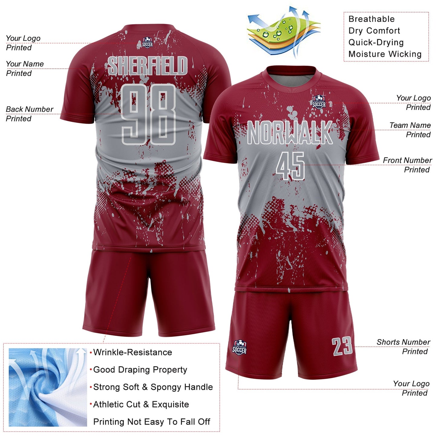 Custom Crimson Gray-White Abstract Splatter Grunge Art Sports Sublimation Soccer Uniform Jersey