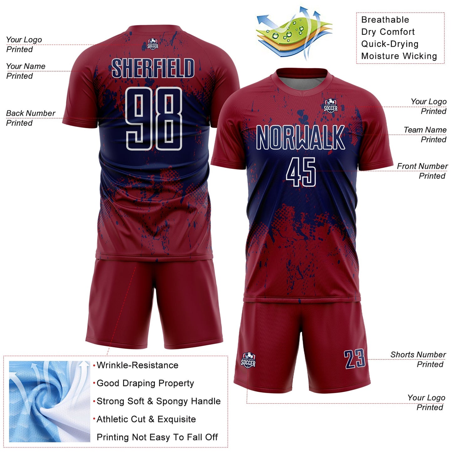 Custom Crimson Navy-White Abstract Splatter Grunge Art Sports Sublimation Soccer Uniform Jersey
