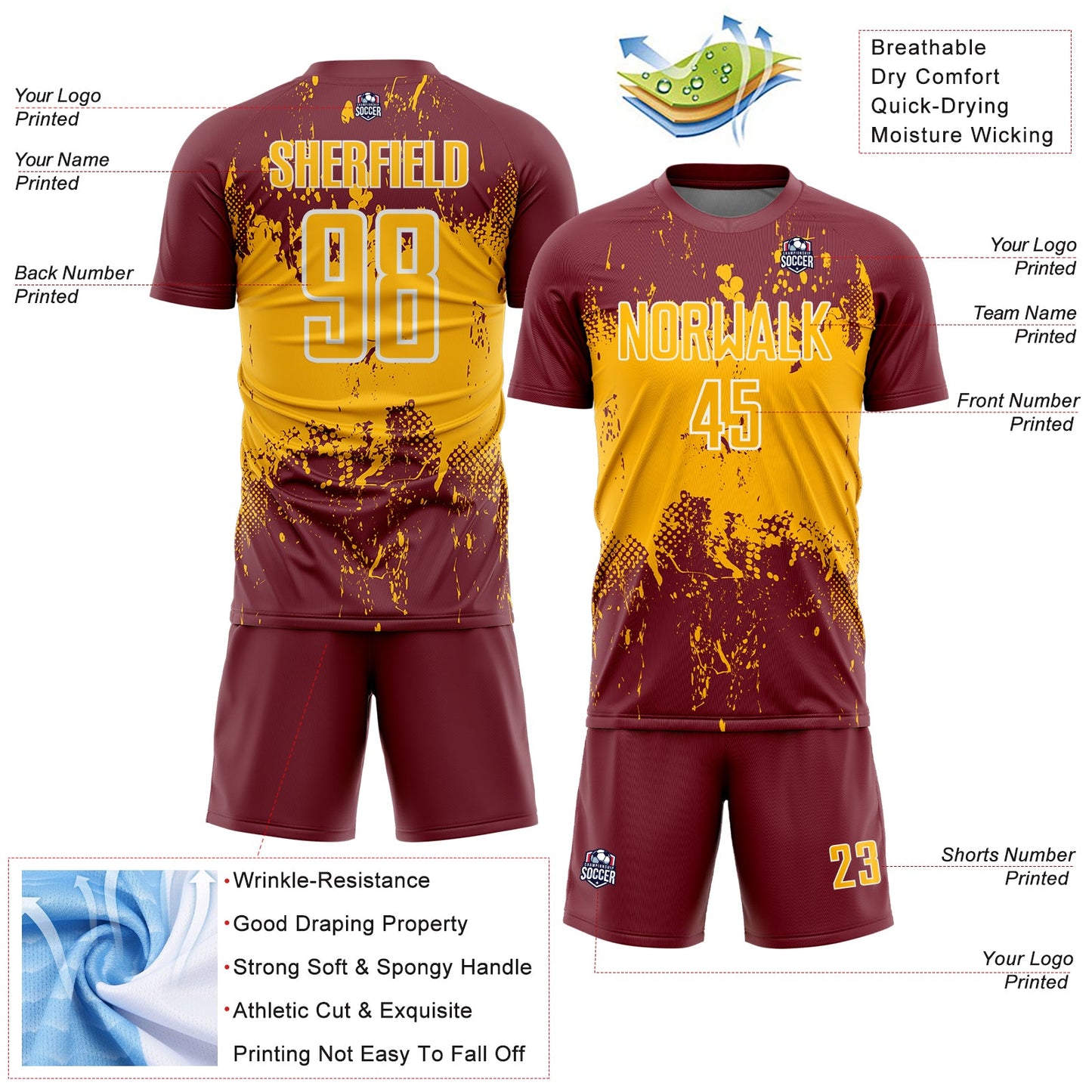 Custom Burgundy Gold-White Abstract Splatter Grunge Art Sports Sublimation Soccer Uniform Jersey