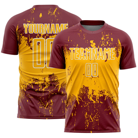 Custom Burgundy Gold-White Abstract Splatter Grunge Art Sports Sublimation Soccer Uniform Jersey