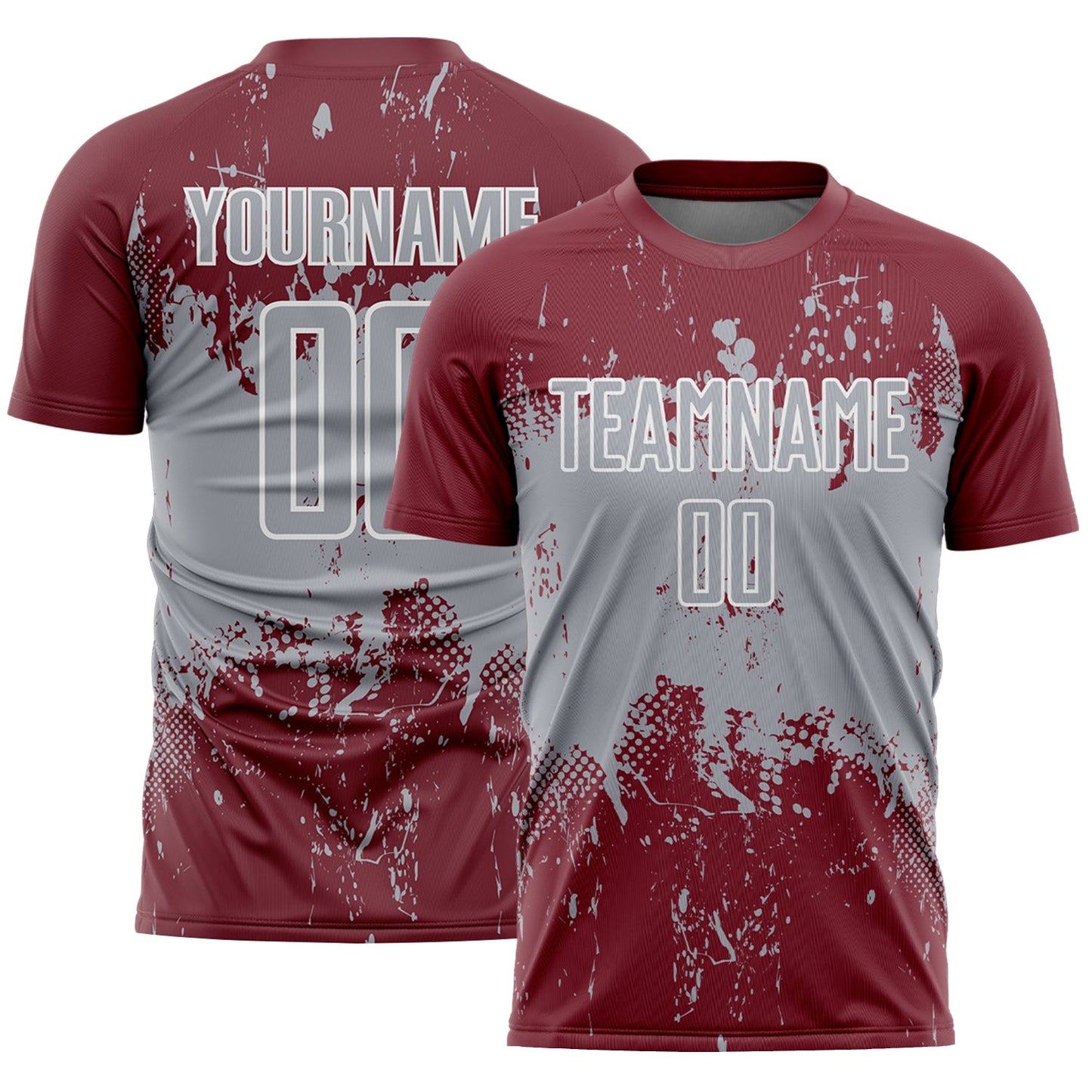 Custom Burgundy Gray-White Abstract Splatter Grunge Art Sports Sublimation Soccer Uniform Jersey