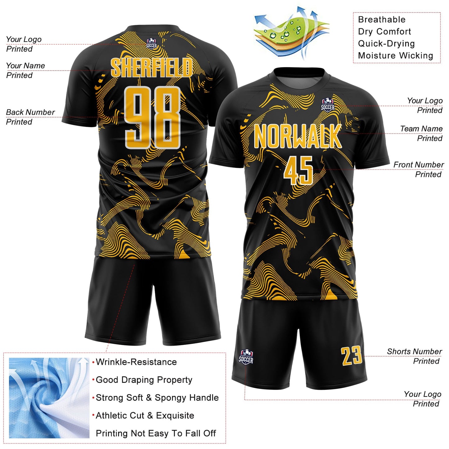 Custom Black Gold-White Curve Lines Sports Sublimation Soccer Uniform Jersey