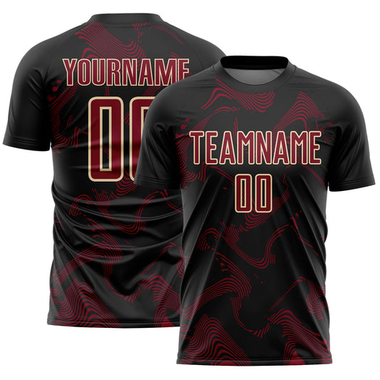 Custom Black Crimson-Cream Curve Lines Sports Sublimation Soccer Uniform Jersey