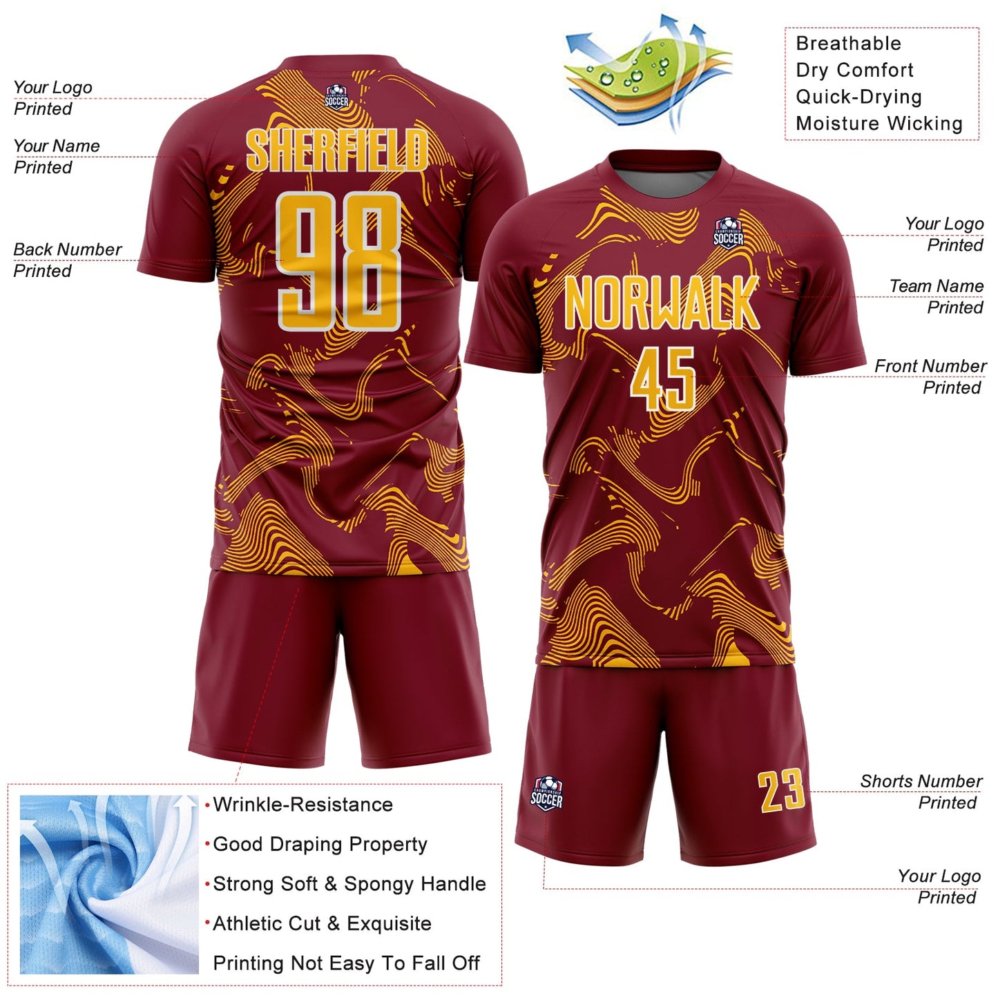 Custom Crimson Gold-White Curve Lines Sports Sublimation Soccer Uniform Jersey