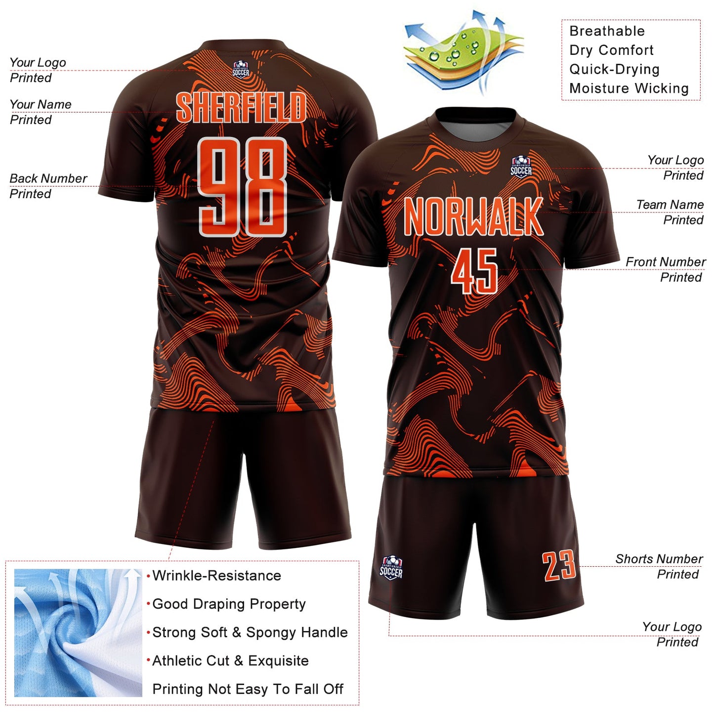 Custom Brown Orange-White Curve Lines Sports Sublimation Soccer Uniform Jersey