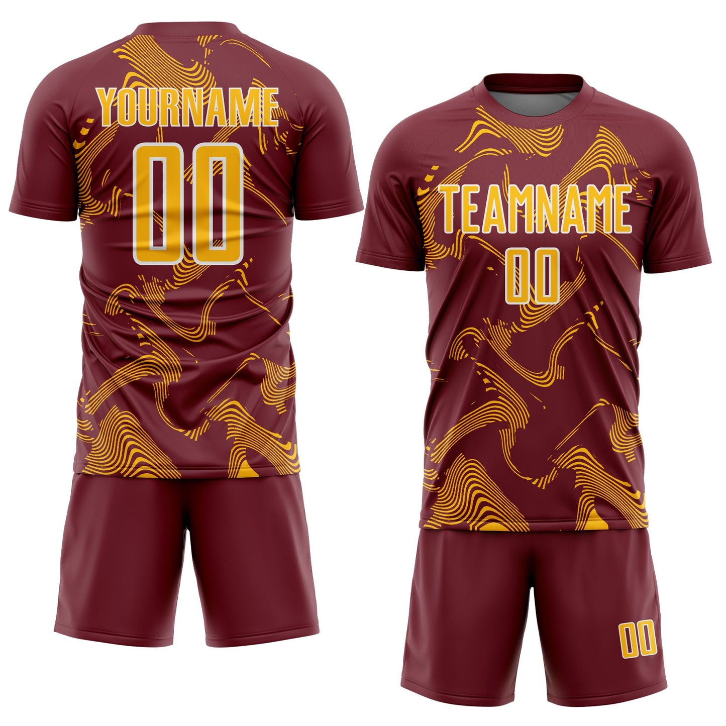 Custom Burgundy Gold-White Curve Lines Sports Sublimation Soccer Uniform Jersey