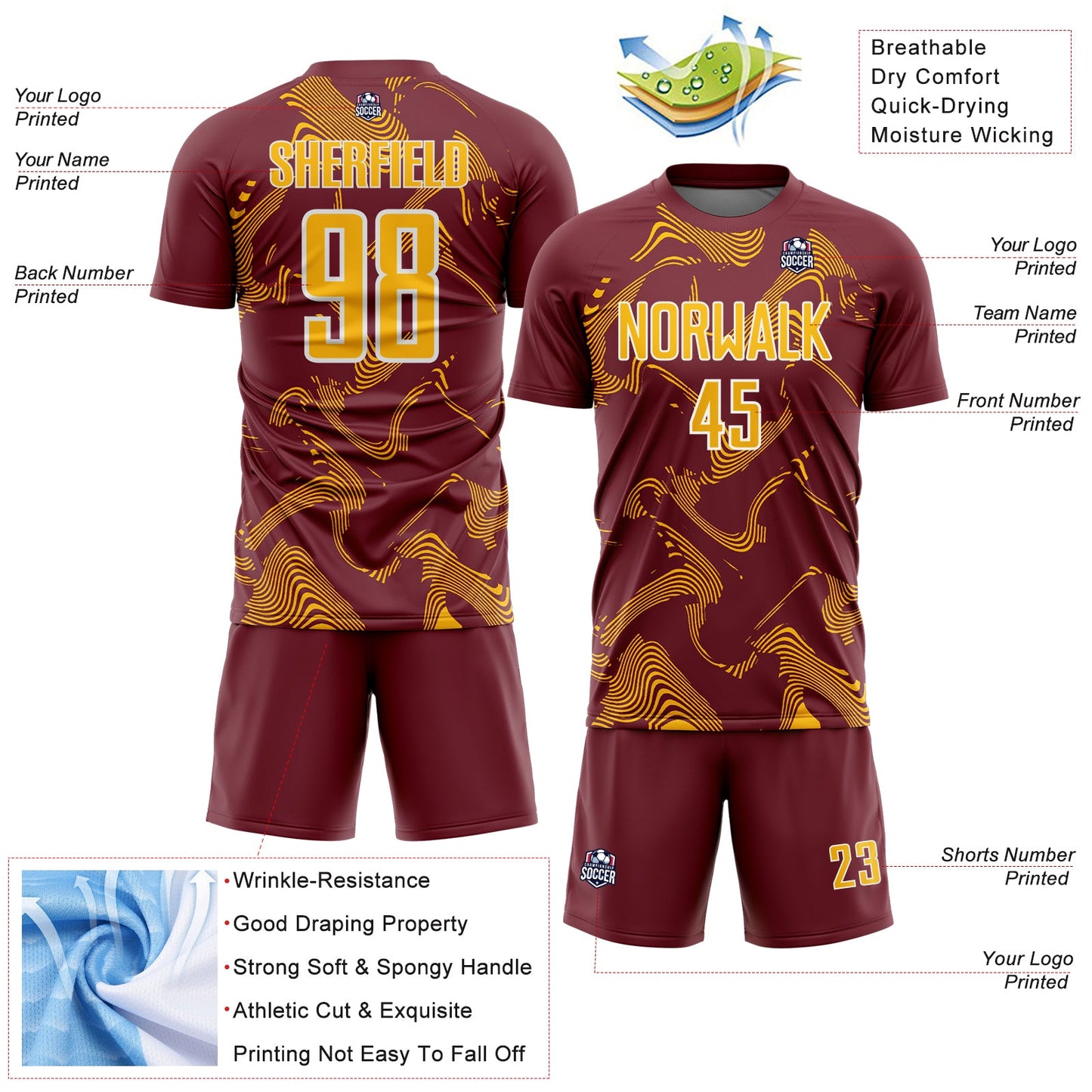 Custom Burgundy Gold-White Curve Lines Sports Sublimation Soccer Uniform Jersey