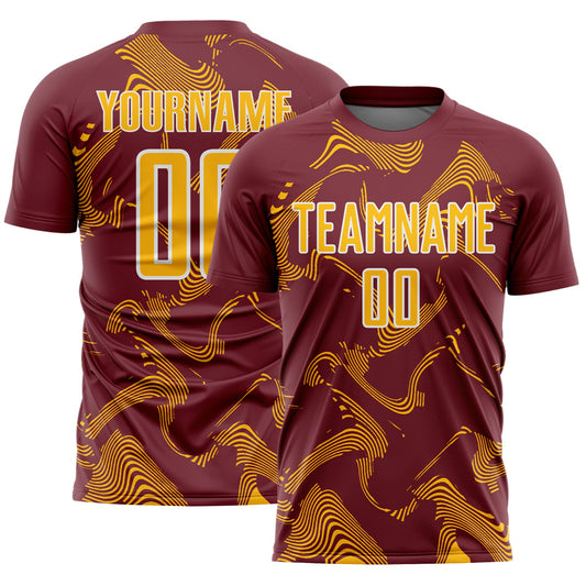 Custom Burgundy Gold-White Curve Lines Sports Sublimation Soccer Uniform Jersey