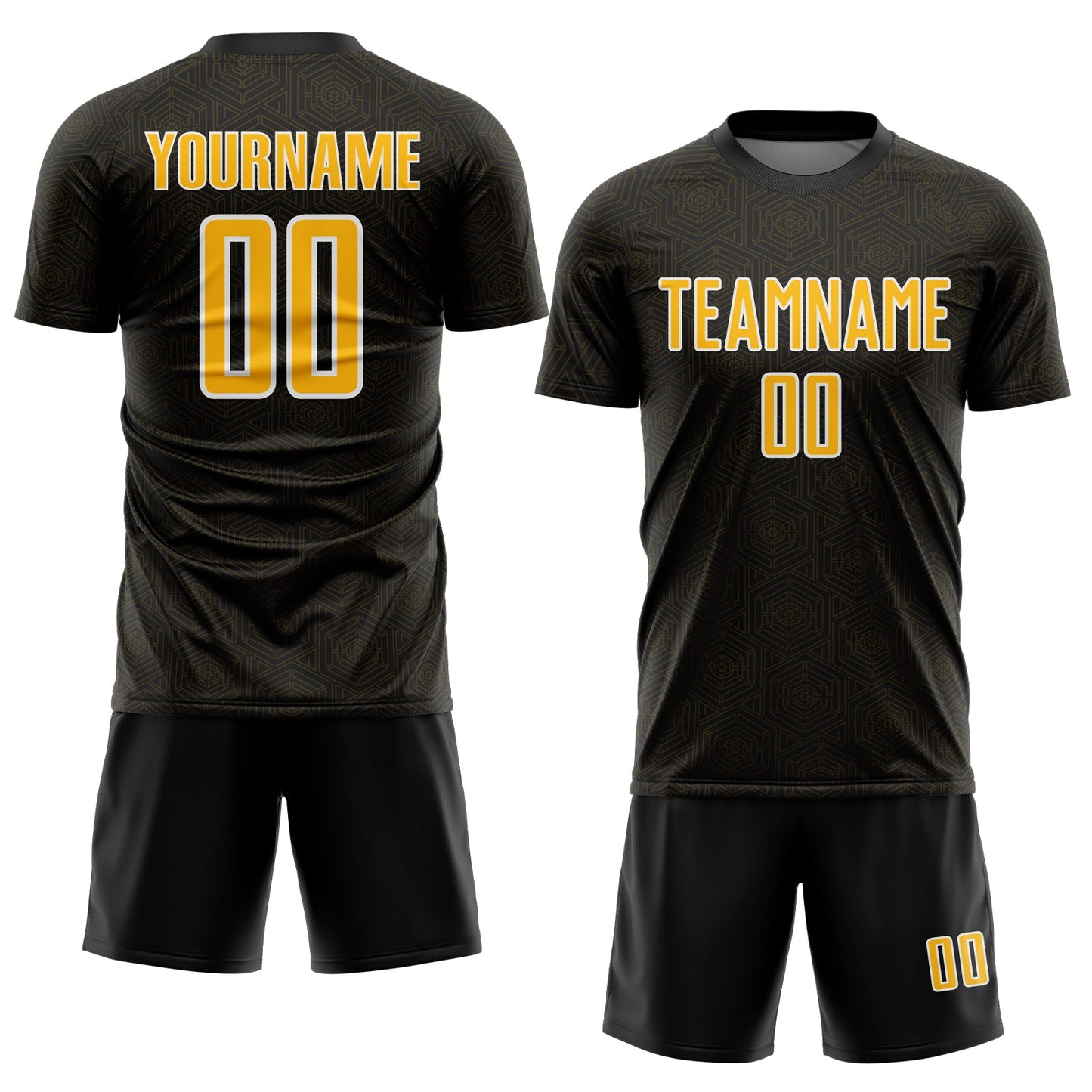 Custom Black Gold-White Geometric Shape Sports Sublimation Soccer Uniform Jersey