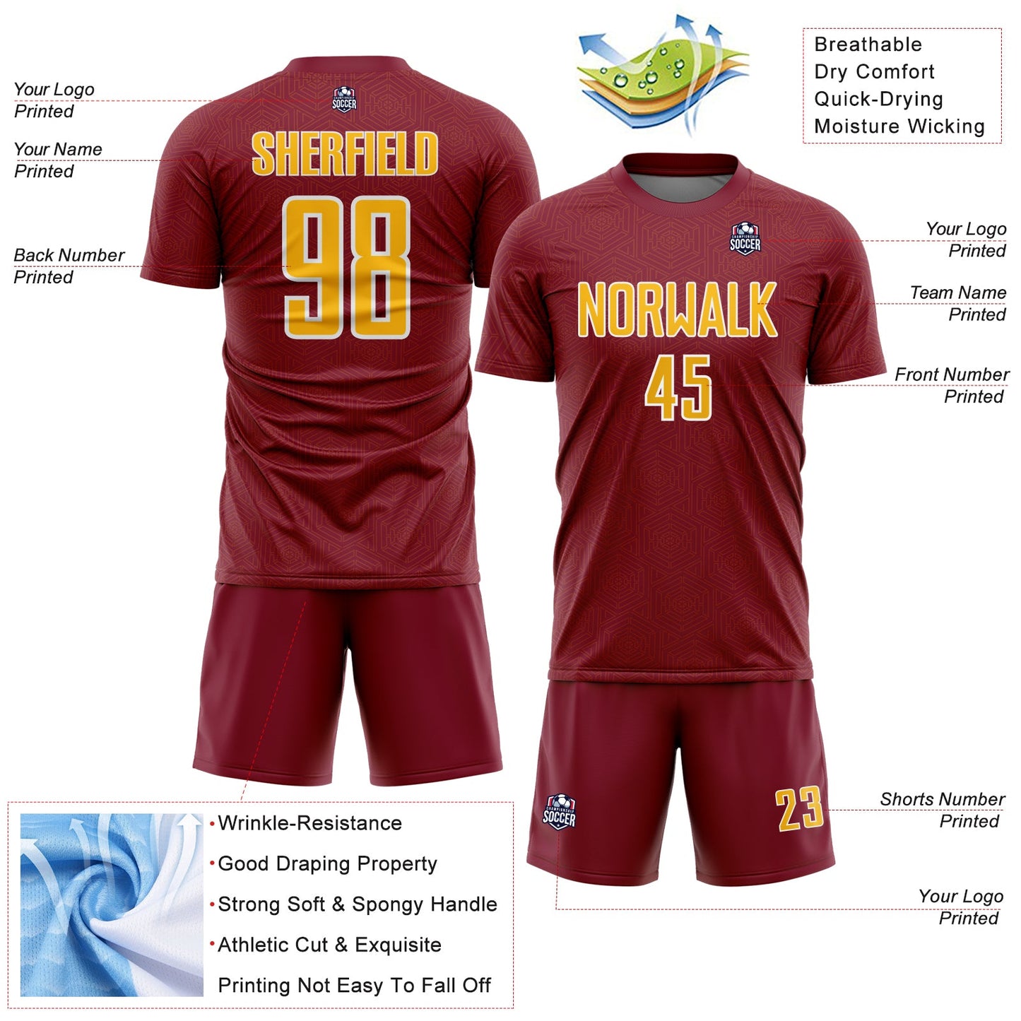 Custom Crimson Gold-White Geometric Shape Sports Sublimation Soccer Uniform Jersey